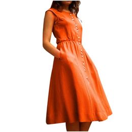 Women's Summer Sundress Round Neck Sleeveless Beach Dress Women Buttons Pockets Solid Casual Loose For Girls Swimwear