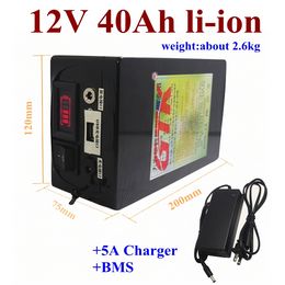 GTK Rechargeable 12v 40Ah 3.7V lithium ion battery pack with bms for 720w 12v fish finder+12.6V 5A Charger