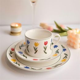 Ceramic Coffee Set Milk Tea Mugs Cups & Saucers Kitchen Drinkware Birthday Presents Wedding Gifts Flower Finished 200ML