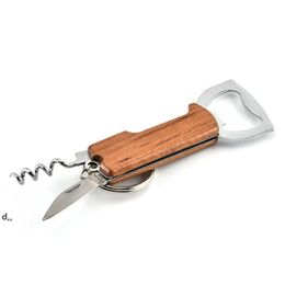 Opener Wooden Handle Bottle Openers Keychain Knife Pulltap Double Hinged Corkscrew Stainless Steel Key Ring Opening Tools Bar RRE12099