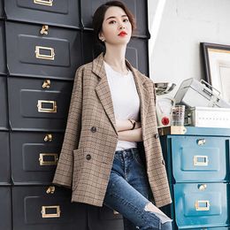 High quality ladies blazer Double pocket temperament plaid suit jacket large size Women's office female autumn 210527