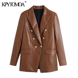 KPYTOMOA Women Fashion With Buttoned Faux Leather Blazer Coat Vintage Long Sleeve Flap Pockets Female Veste Femme 211122