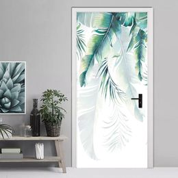 Self-Adhesive Door Sticker 3D Hand-painted Banana Leaves Mural Wallpaper Waterproof Vinyl Door Poster Living Room Bedroom Decals 210317