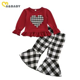 1-6Y Valentines Day Girls Outfits Toddler Kid Baby Girl Heart Clothing T shirt Plaid Flare Pants Children Costumes 210515