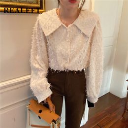 Spring Elegant Button Tassel Women's Shirt Blouse Tops Turn-down Collar Lantern Sleeve Korean Style Loose Blouses 210428
