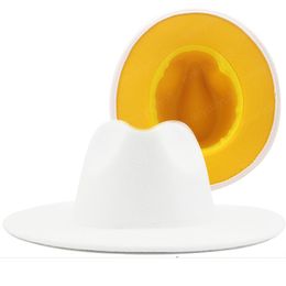 Outer white Inner yellow Wool Felt Jazz Fedora Hats with Thin Belt Buckle Men Women Wide Brim Panama Trilby Cap