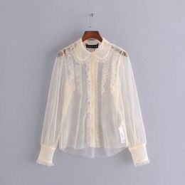 Summer Women French Sexy Mesh See-Through Doll Collar Ruffled Tulle Blouse Shirt Female Top 210520