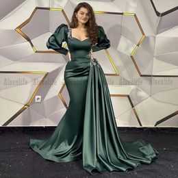 African Celebrity Party Dress Dark Green Long Sleeves Pleated Aso Ebi Prom Gowns For Women Evening Party Wear