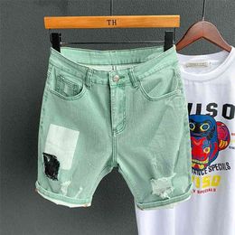 Green denim short Men Short Summer Cargo jeans Casual Brand Classic Beach hole Ripped Shorts Bermuda 210712