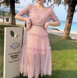 Runway Summer Sexy V Neck Short Sleeve Polka Dot Mesh Long Dress For Women Vintage Elegant Ruffles Holiday Party Dress 210518