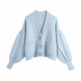 Sweet Women Sky Blue Sweater Fashion Ladies Diamonds Button Coats Elegant Female Chic Knitted Puff Sleeve Cardigan 210430