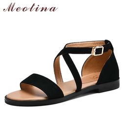 Meotina Women Shoes Buckle Kid Suede Sandals Round Toe Flat Shoes Cross-Strap Cover Heel Lady Footwear Black Summer Big Size 43 210608