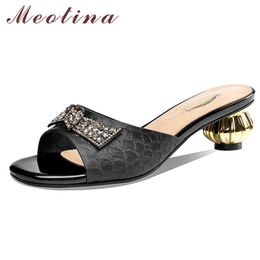 Meotina Women Slippers Crystal Real Leather Shoes Round Toe Strange Style Ladies Slides Summer Sandals Female Yellow Size 34-43 210608