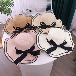 Korean Sunscreen Big Brimmed Hat Beach Hats Elegant Ladies Women Summer Straw Hat Foldable UV Protection Big Bow Sun Hats G220301