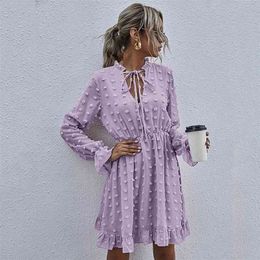 Fashion Vintage Chiffon Green mini Dress For Women's V-neck chiffon ruffle dress summer Beach long sleeve dresses vestidos 210508