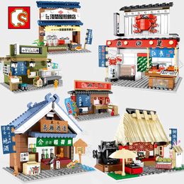 Sembo City Street View Architecture Japan Food Shop House Retail Store Restaurant Sushi Takoyaki Ramen Model Building Block Toys Q0624