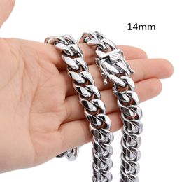 14mm Boys Men's High Quality Silver Colour Stainless Steel Curb Cuban Link Miami Chain Necklace Rapper Jewellery 7-40inch
