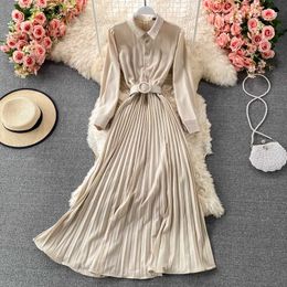 Neploe Elegant Ladies Robe Turn-down Collar Pleated Dress Women 2021 Summer High Waist Long Sleeve Female Maxi Vestido with Belt Y0823