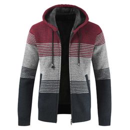 Sweater Coat Men Winter Thick Warm Hooded Cardigan Jumpers Striped Wool Liner Zipper Fleece Coats 210909