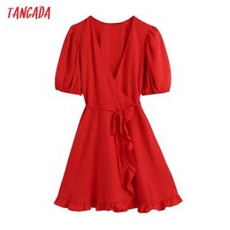 Tangada Women Chic Fashion Red Linen Mini Dress Belt Wrap Puff Sleeves Ruffled Female Dresses Vestidos BE919 210609