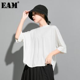 [EAM] Women White Irregular Drawstring Big Size T-shirt Round Neck Three-quarter Sleeve Fashion Spring Summer 1X459 210512