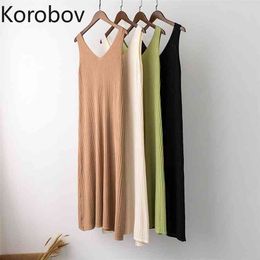 Korobov Summer Women Knit Tank Long Dress Korean Style Knitting V Neck Sleeveless Vest Thin Loose Women Dresses 78563 210430