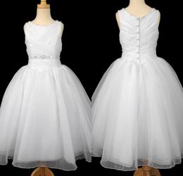 Flower Girl Dresses Ball Jewel Pleats Beads Crystal Floor Length White Organza Kids First Communion Gown Wedding Party Dress