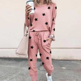 Stars Print Casual Women Two Piece Sets 2020 New Spring Autumn Loungewear Womens Leisure Top Shirt And Pocket Pants Outfits Set Y0702