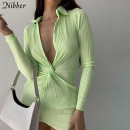 Nibber Simple Solid Mini Dresses Women Sexy V Neck Cleavage Skinny Skirt Ruffles Long Sleeve Streetwear Midnight Club Hipster Y0726