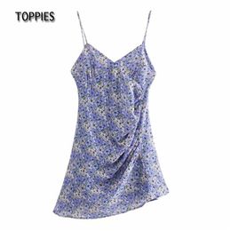 Summer Dresses Women Sexy Camisole Mini Dress Asymmetrical Pleated Sundress Floral Printing Blouses 210421