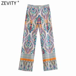 Zevity Women Vintage Position Patchwork Totem Floral Print Slim Flare Pants Retro Female Chic Zipper Fly Long Trousers P1181 211124