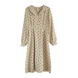 Khaki Orange Polka Dot Turn Down Collar Long Sleeve Midi Dress Casual Chiffon Autumn D0782 210514