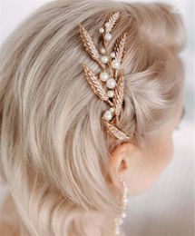 Wedding Bridal Rhinestone Leaf Hair Comb Gold Tiara Crown Pearls Crystal Headpiece Accessories Jewellery Fashion Charm Headdress For Women Girls Hairpins Sticks