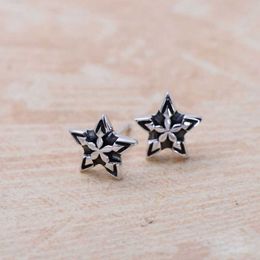 Real 925 Sterling Retro Thai Silver Pentagram National Style Temperament Earrings Fine Charm Jewellery For Women Hoop & Huggie