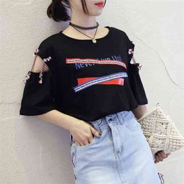 Harajuku Hollow Out Print Women's T-shirt Tops O-neck Short Sleeve Lace Up Women Tshirt Summer Sweety Casual Tees Plus Size 210623