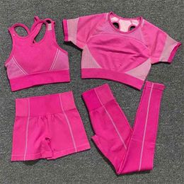 4 Pieces Seamless Yoga Set Women Short Sleeve Crop Tops + Bra Fitness Shorts Sports Wear Gym Leggings Workout Clothing Sport 210802