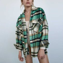 Za Plaid Jacket Coat Women Loose Vintage Overshirt Chic Front Patch Pockets Female Autumn Long Sleeve Green Jackets Top 210602