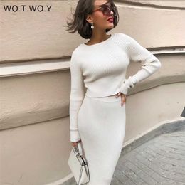 WOTWOY Knitting Cashmere Pullover and Skirt Two Piece Set Women Slim Fit Cropped Tops Women Autumn Elegant Sweater Outfits Women 211101
