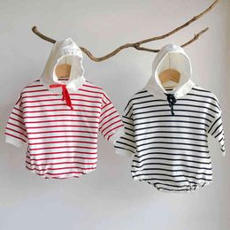 Spring Autumn born Baby Boys Girls Long Sleeve Stripe Rompers Clothes Toddler Hoodie Jumpsuits 210429