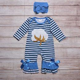 Summer Girls Clothes Blue Striped Long Sleeve Dyeing Around The White Cotton Embroidery Pattern Bow Toddler Baby Romper 211011