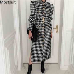 Winter Houndstooth Wool Women Long Coat Single-breasted Stand Collar Belted Vintage Korean Fashion Outcoat Overcoat 210513