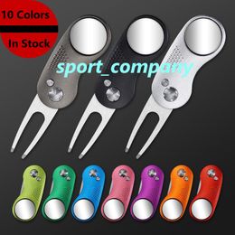 Hot Foldable Golf Divot Tool with Metal Aluminum Handle 10 Colors Golf Ball Tool Pitch Groove Cleaner Golf-Training Aids Golf Accessories Stainless Steel Green Fork