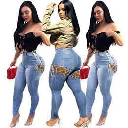 Sexy Outfit Women Pants Broeken Lace Up Skinny Jeans Woman High Waisted Jeans Streetwear Denim Jeggings Wholesale Dropshipping 210322