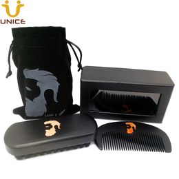 MOQ 100 Sets Black Beard Care Kit Facial Hair Brush Pouch Comb Custom LOGO Kits in Gift Box