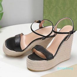 2021 summer women Platform Luxury designer sandals Ankle Wrap Shoe womens Party Heels Shoes Soft Leather Buckle Strap Solid Slope heel 55