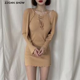 Autumn Retro Rib Striped Line Wood ears Cardigan Korea Style Cross Lacing up Bandage Mini Short Sling Dress 1 Set 2pcs 210429