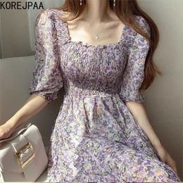 Korejpaa Women Dress Summer Korean Chic Sweet Age-Reducing Square Collar Pleated Waist Design Puff Sleeve Floral Vestidos 210526