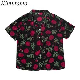 Kimutomo Rose Print Blouse Summer Hong Kong Style Retro Holiday Wind Thin Chiffon Shirt Women Short Sleeve Casual Top 210521