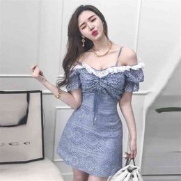 lace mini Dress for women Summer Sleeveless Sling Bow Sundress Sexy Ladies Off shoulder party Dresses 210602