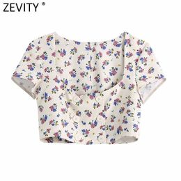 Women Vintage Square Collar Floral Print Short Shirt Double Breasted Casual Linen Blouses Lady Roupas Femininas Crop Tops LS9182 210603